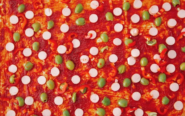 Gros Plan Pizza Crue Maison Comme Fond Alimentaire Texturé Coloré — Photo