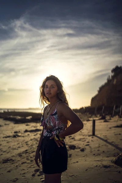 Vertical Shot Young Female Swimsuit Background Seashore Sunset — Stock Photo, Image