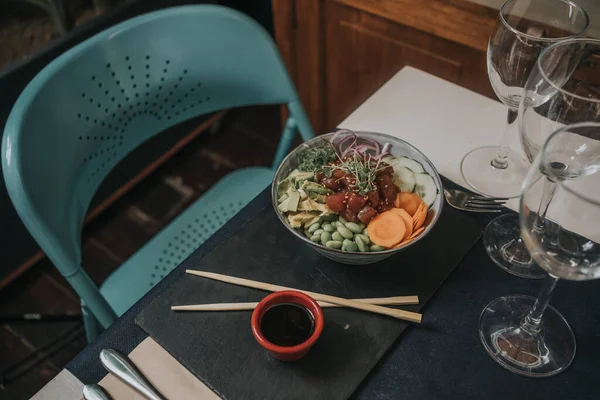 High Angle View Asian Trendy Food Raw Organic Poke Bowl — Foto de Stock