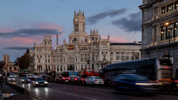 Madrid Spanyolország Március 2020 Cibeles Ikonikus Híres Épület Nagyitól Utcán — Stock Fotó