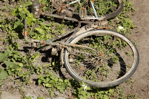 Plan Angle Élevé Vieux Vélo Métal Rouillé Dans Jardin — Photo