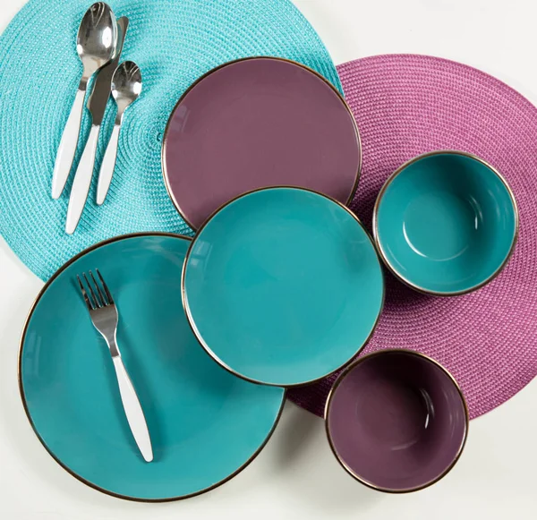 Een Bovenaanzicht Van Heldere Kleurrijke Keukenborden Keukengerei — Stockfoto