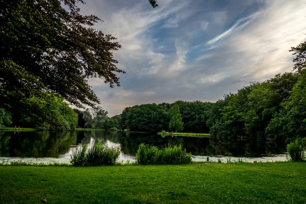 Lago Rodeado Por Uma Floresta Com Árvores Refletindo Sobre Água — Fotografia de Stock