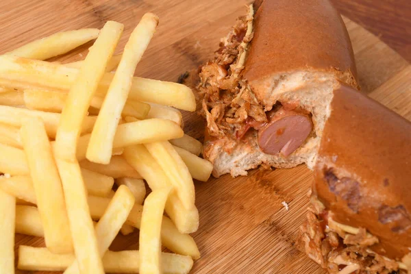 Horní Pohled Lahodný Hot Dog Smaženými Brambory — Stock fotografie