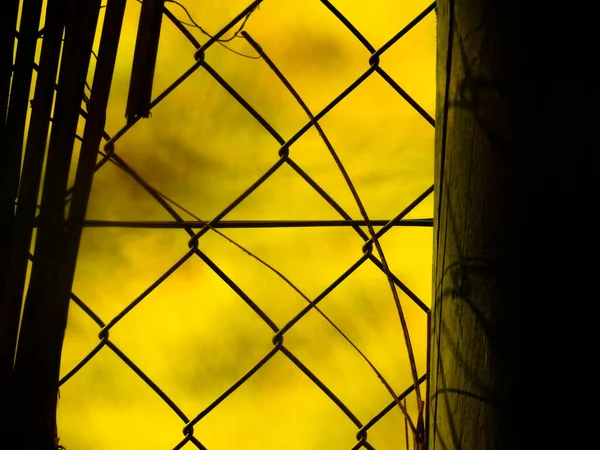 Ένα Κοντινό Πλάνο Ενός Μεταλλικού Φράχτη Πλέγματος Στο Φωτεινό Φόντο — Φωτογραφία Αρχείου