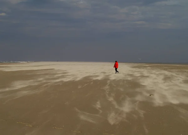 Uma Pessoa Com Uma Jaqueta Vermelha Andando Uma Praia Vazia — Fotografia de Stock