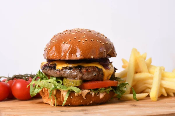 Closeup Delicious Beef Burger Wooden Board French Fries Tomatoes — Stock Photo, Image