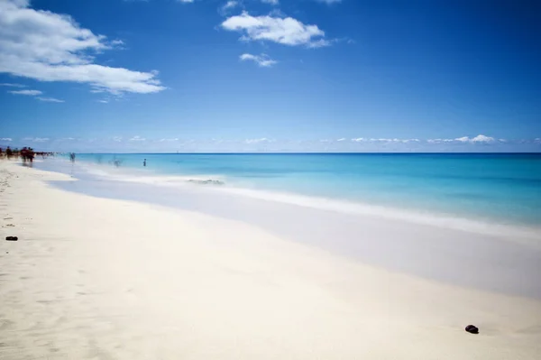 Fascinerende Udsigt Sandstrand Med Turkis Vand Den Blå Himmel Solrig - Stock-foto