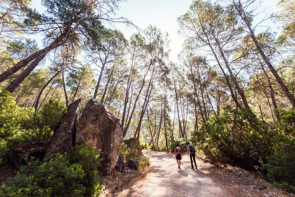 Een Prachtig Landschap Van Twee Mannen Silhouetten Wandelen Langs Een — Stockfoto