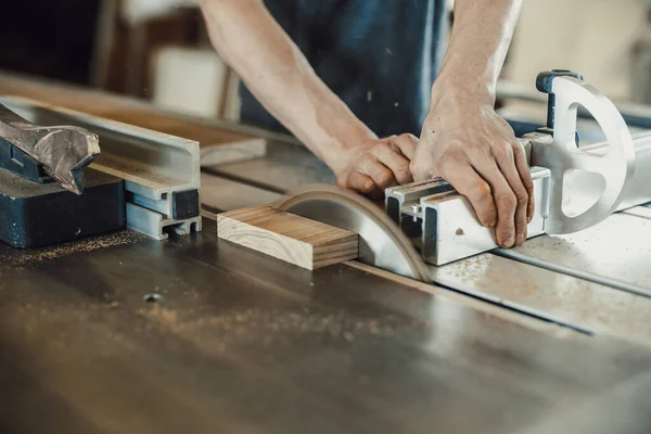 Carpenter Cutting Piece Wood Machine — Stock Photo, Image
