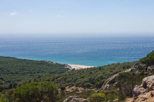 Beautiful Ocean Surrounded Mountains Covered Greens Blue Sky — Stock Photo, Image