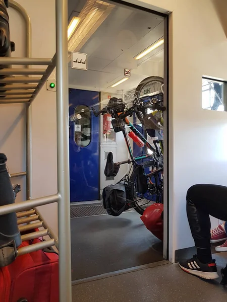 Nowy Targ Poland Jul 2019 View Train Compartment Bicycles Panniers — Stock Photo, Image