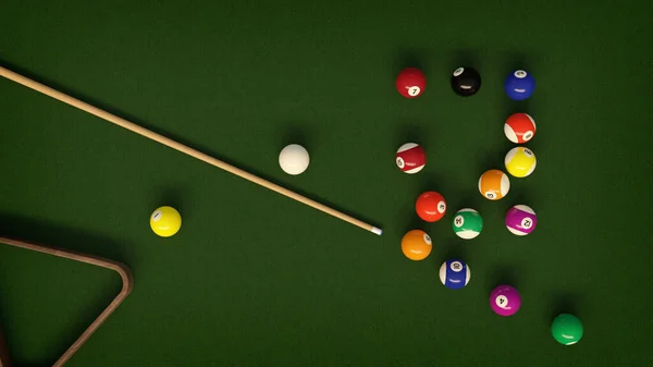 Ein Overhead Rendering Eines Billardtisches Mit Kugeln Und Cue Sticks — Stockfoto