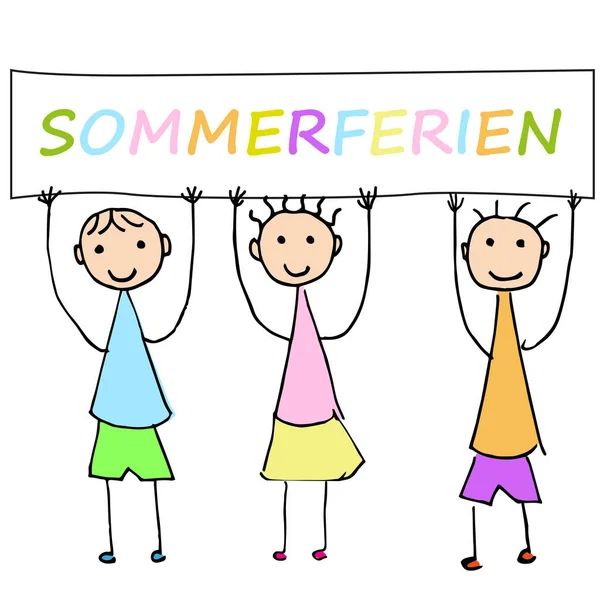 Drei Kinder Halten Ein Schild Mit Der Aufschrift Sommerferien Die — Stockfoto