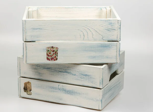 Пачка Декоративных Синих Деревянных Коробок Белом Фоне — стоковое фото