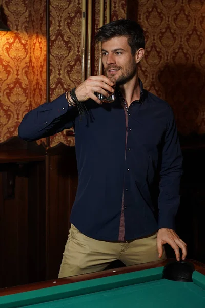 Portrait Shot Businessman Drinking Glass Whiskey Standing Next Billiard Board — Foto de Stock