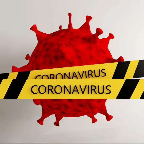 Renderizado Coronavirus Con Borde Cinta Advertencia — Foto de Stock