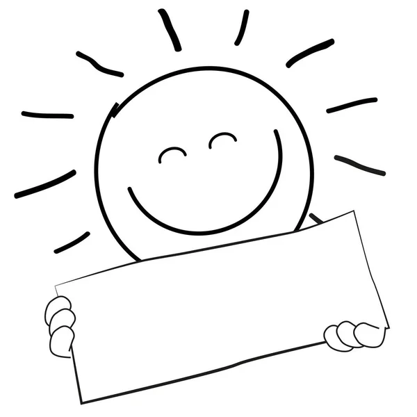 卡通片中一个微笑的太阳在白色背景上挂着一个空标志的例证 — 图库照片