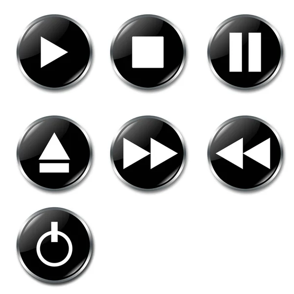 白色背景音乐播放器控制按钮中的7个按钮的说明 — 图库照片