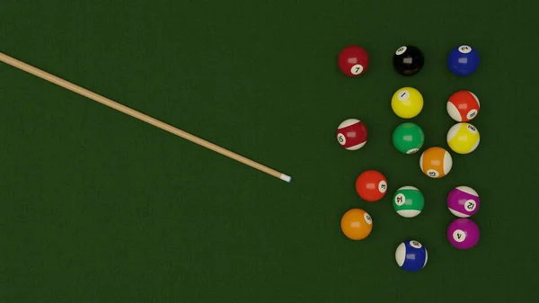 Ein Overhead Rendering Eines Billardtisches Mit Kugeln Und Cue Sticks — Stockfoto