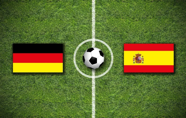 ドイツとスペインの国旗を掲げたサッカーのイラスト — ストック写真