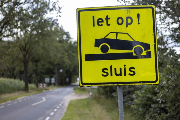 Hoge Hexel Netherlands Aug 2020 Bright Yellow Traffic Sign Warning — Stock Photo, Image