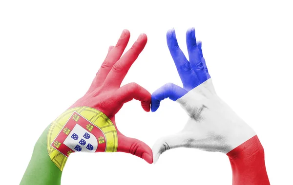 포르투갈 프랑스 심장을 형성하는 색깔을 그린다 — 스톡 사진