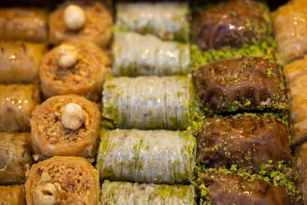 Eine Nahaufnahme Verschiedener Traditioneller Türkischer Baklava Desserts — Stockfoto