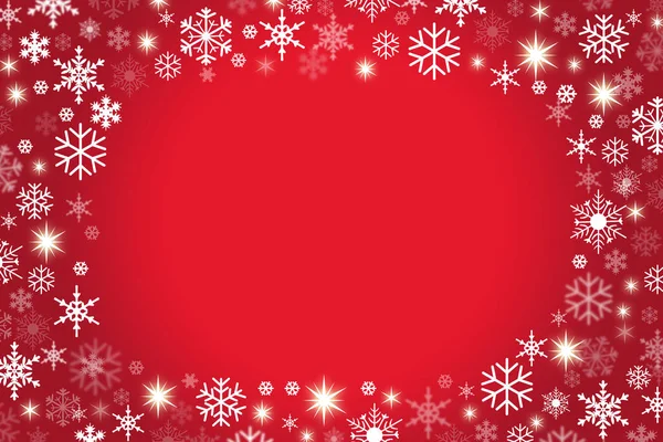 白い雪片と光沢のある星が描かれた赤いクリスマスの絵葉書 — ストック写真