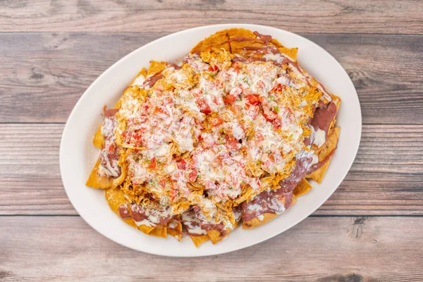 Top View Crispy Nachos Sauce Salsa — Stock Photo, Image