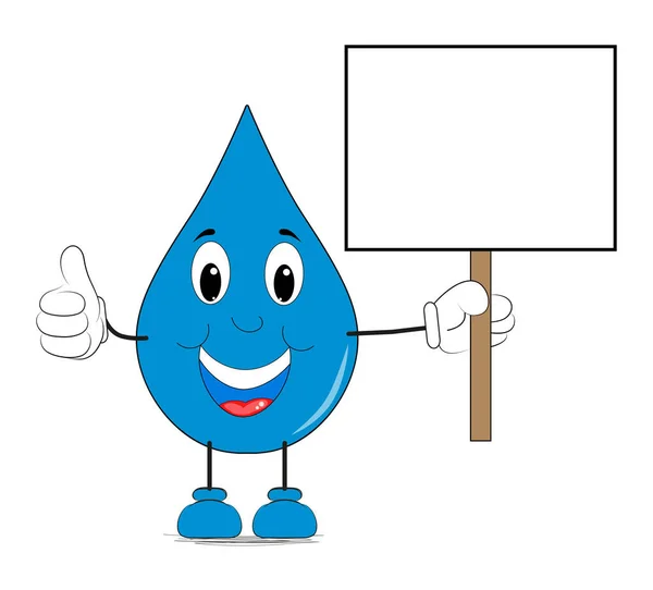 Smiling Cartoon Water Droplet Holding Sign Empty Space White Background — Stock Photo, Image