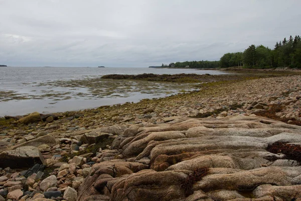 Uma Praia Com Grandes Pedras Costa Sob Céu Nublado Sombrio — Fotografia de Stock