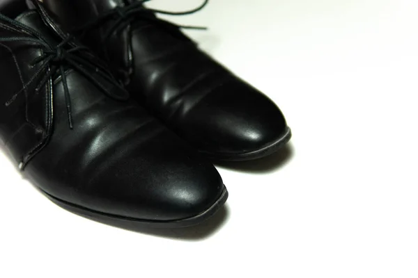Крупним Планом Чорне Шкіряне Взуття Чоловіків Білому Тлі — стокове фото