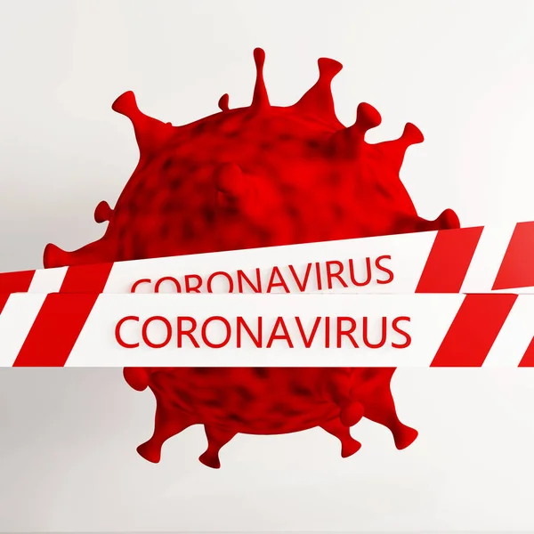 Uma Renderização Coronavirus Com Uma Borda Fita Advertência — Fotografia de Stock