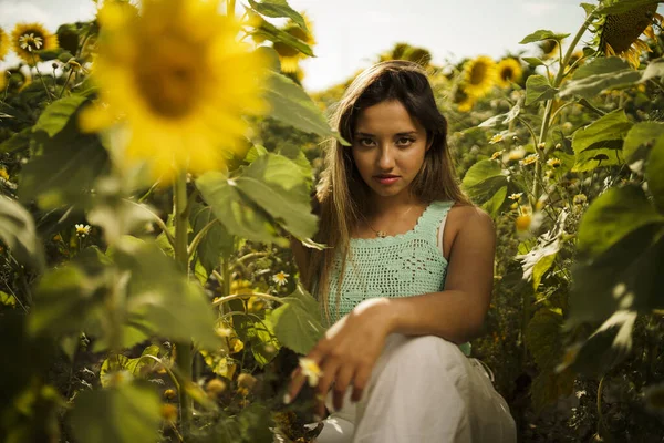 Güneşli Bir Günde Çiçek Açan Ayçiçeği Tarlalarının Arasında Duran Genç — Stok fotoğraf