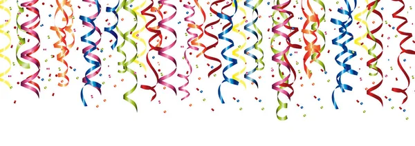 A digital illustration of colorful party streamers on a white background