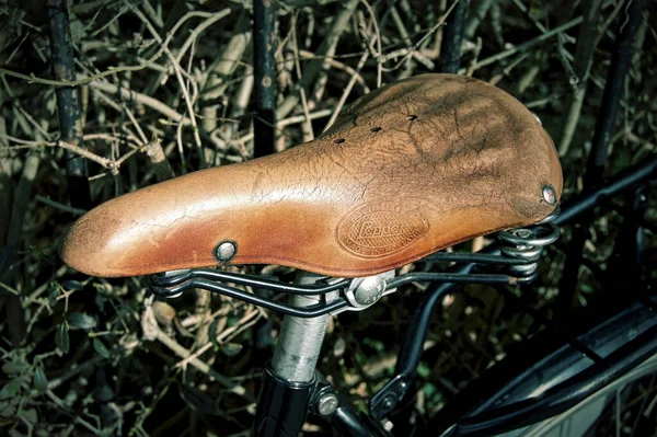 Gros Plan Siège Brun Vélo Avec Petites Branches Séchées Sur — Photo