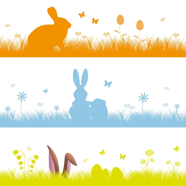 Eine Bunte Reihe Von Osterhintergründen Mit Hasen Auf Gras Und — Stockfoto