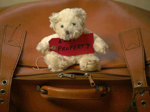 A bear toy on an old suitcase with a \