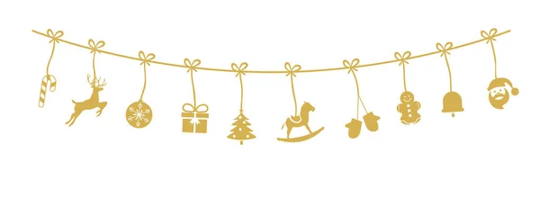 Иллюстрация Золотых Рождественских Украшений Висящих Веревке Изолированной Белом Фоне — стоковое фото