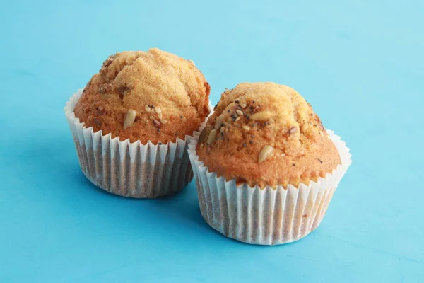 Closeup Shot Delicious Homemade Muffins Blue Background — Stock Photo, Image