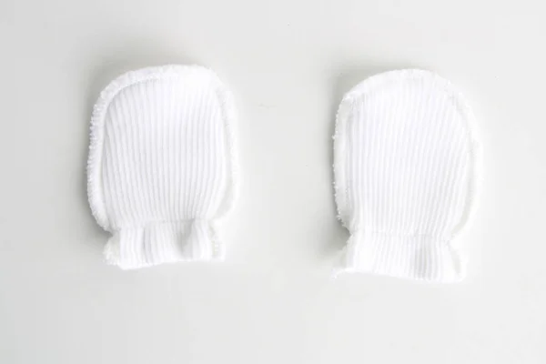 Top View White Wool Baby Mittens — Stock Photo, Image