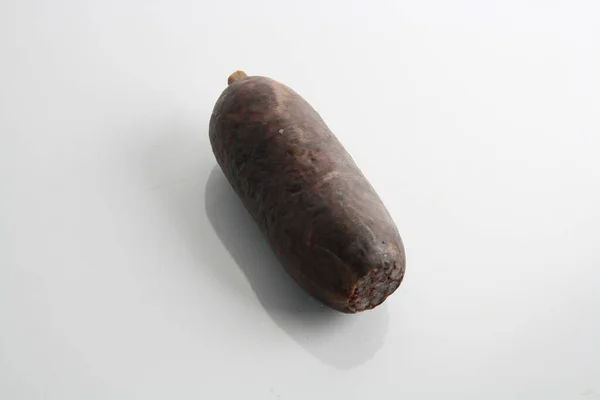 Primer Plano Una Salchicha Morcilla Aislada Sobre Fondo Blanco — Foto de Stock