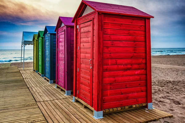 Cabanas Praia Nascer Sol Xeraco Valência Espanha — Fotografia de Stock