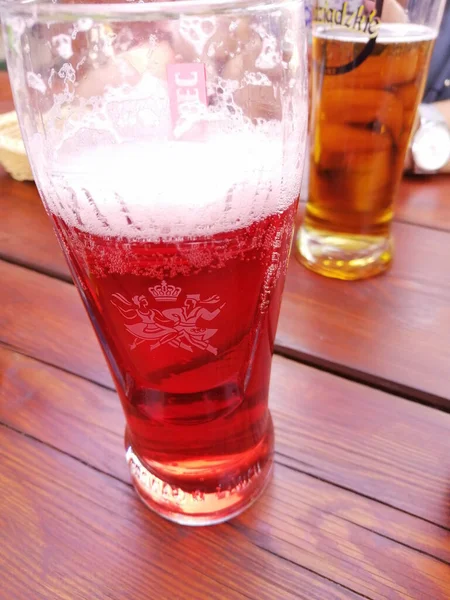 Tlen Poland August 2020 Flavored Beer Zywiec Glass Table — 图库照片