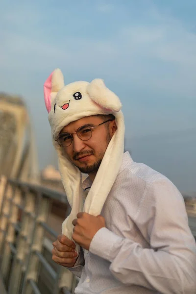 Vertical Shot Young Man Glasses Wearing Cute Bunny Cap — Stock Photo, Image