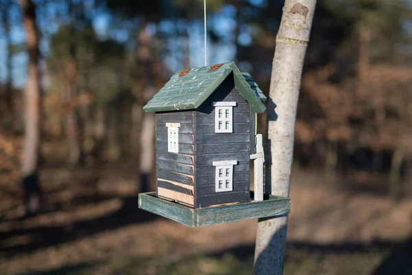 Een Close Shot Van Een Houten Vogelhuisje Een Wazige Achtergrond — Stockfoto