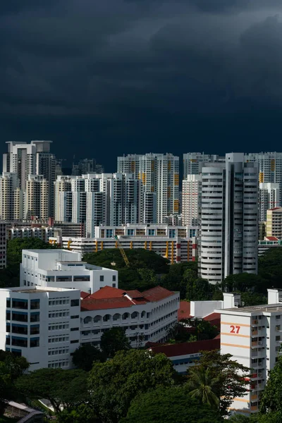 Pionowe Ujęcie Singapurskiej Panoramy Miasta Przed Intensywnym Deszczem Bardzo Ciemne — Zdjęcie stockowe