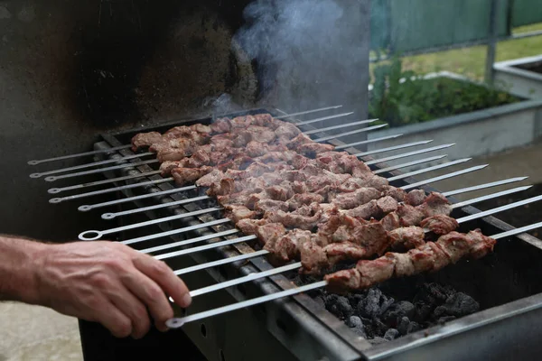 Preparação Carne Porco Shashlik Carvão Mangal — Fotografia de Stock