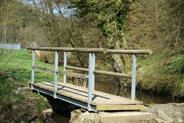Úzký Dřevěný Most Přes Řeku Parku — Stock fotografie